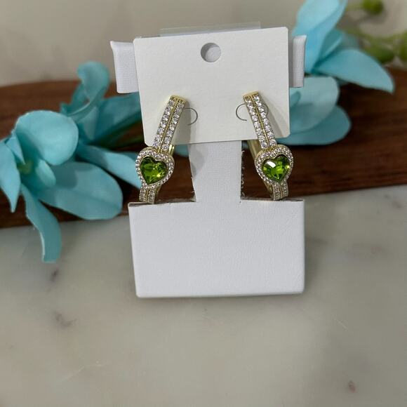 18K Gold Plated Womens Green‎ Heart Hoop Earring Oro Laminado - Picture 3 of 11